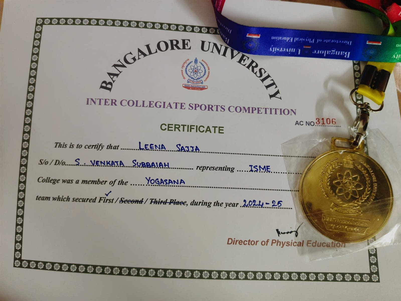 Secured 1st place in Bangalore University Inter Collegiate Yoga competition